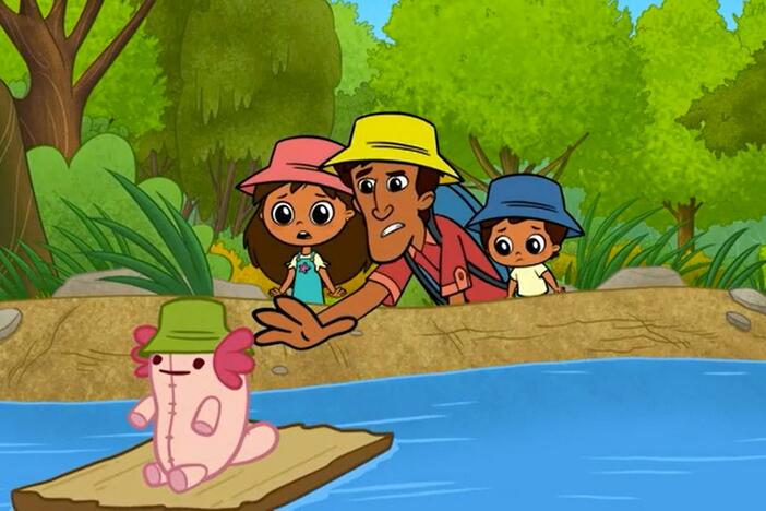 Oh no! Lote gets swept up by the river.