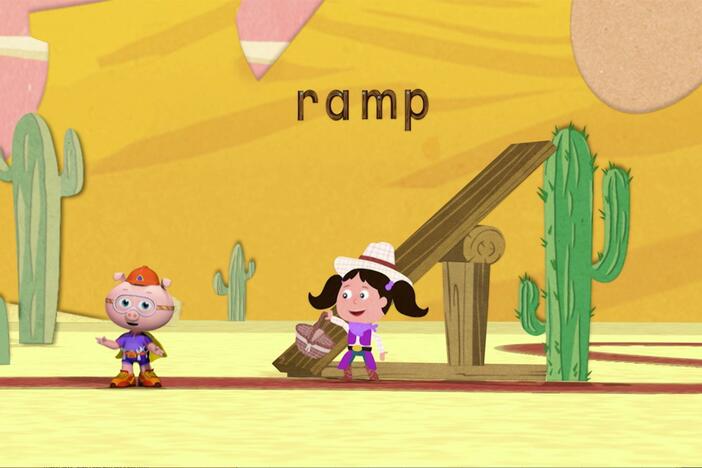 Alpha Pig helps retrieve Hazel's basket by spelling the word "ramp". 