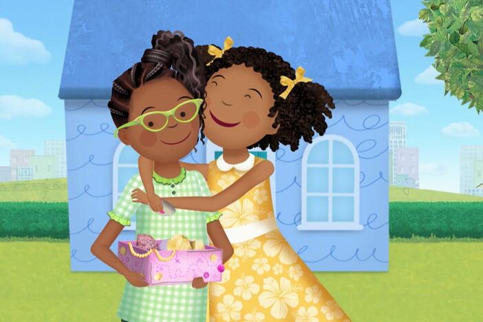 Pinkalicious and Jasmine can't stop giggling./Pinkalicious paints rocks!