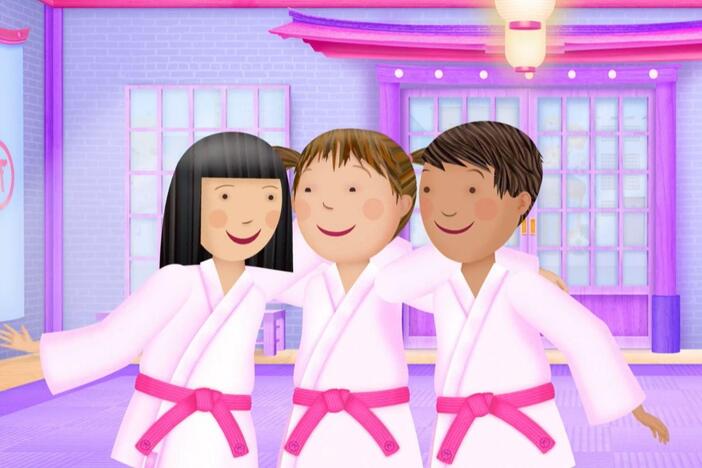 Pinkalicious learns a new move in karate./The school experiments with googly eyes.