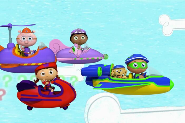 The Super Readers fly in to Puppy Town.