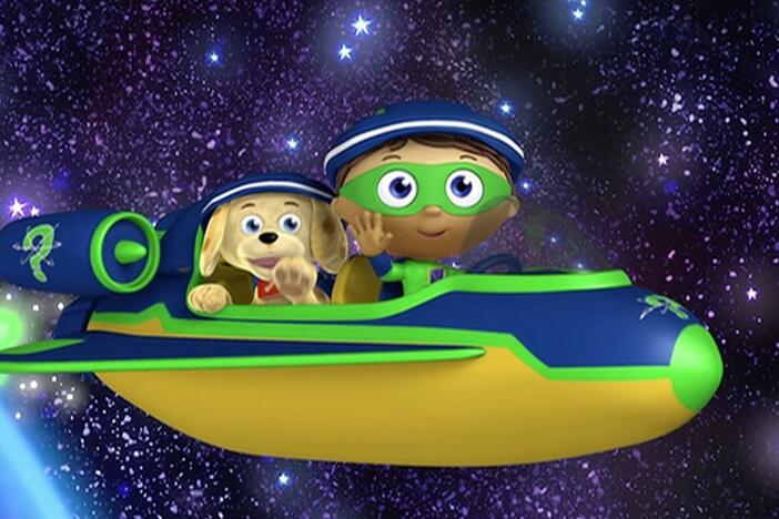 The Super Readers travel to outer space on Galileo's spaceship.