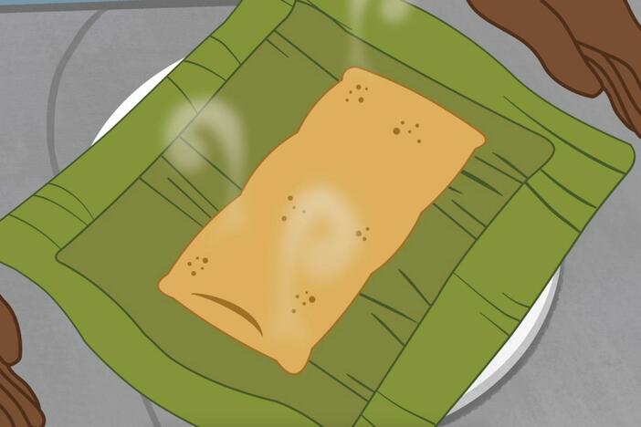In Puerto Rico, Tío Juan shares his delicious pasteles with Alma, Papi, and Yvette.