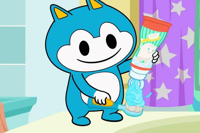 Lyla teaches Stu how to brush his teeth.