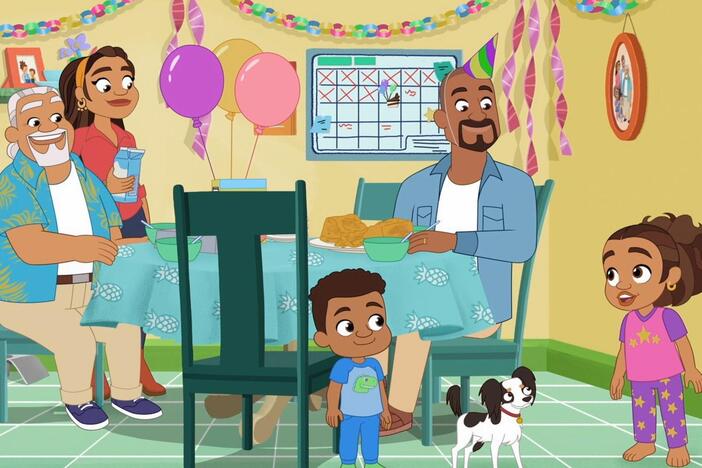 Alma asks Abuelo, Papi, and Mami when they should celebrate Chacho's birthday.