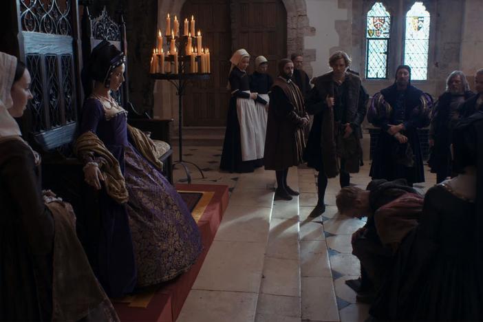 Catherine of Aragon humiliates the soldier who brings news of the Scottish king's death.