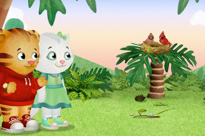 Daniel and Katerina collect leaves and sticks for the birds to use in their nest.
