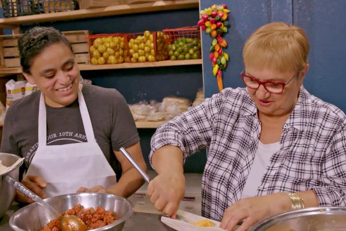 In Denton, TX, Lidia makes tamales with Jorge Landeros, owner of Milpa's Kitchen.