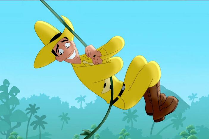 Following George's lead, Ted swings across the river and over a crocodile!