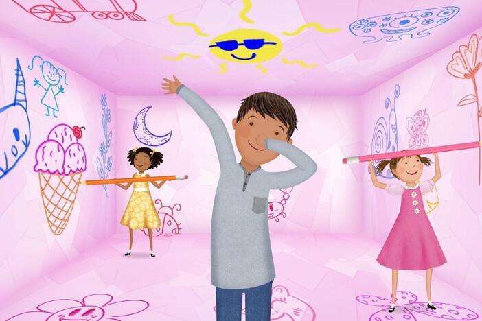 Pinkalicious, Rafael and Jasmine show Kendra the fun of doodling.