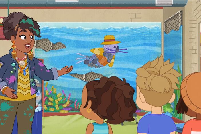 Alma and friends help Charlene with a beach clean up and then make art out of the trash.
