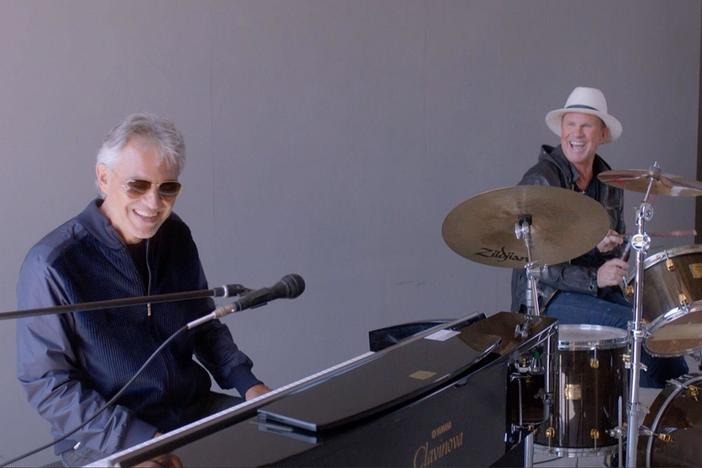 Andrea Bocelli and Chad Smith of RHCP play music together in Bocelli's Tuscany home.