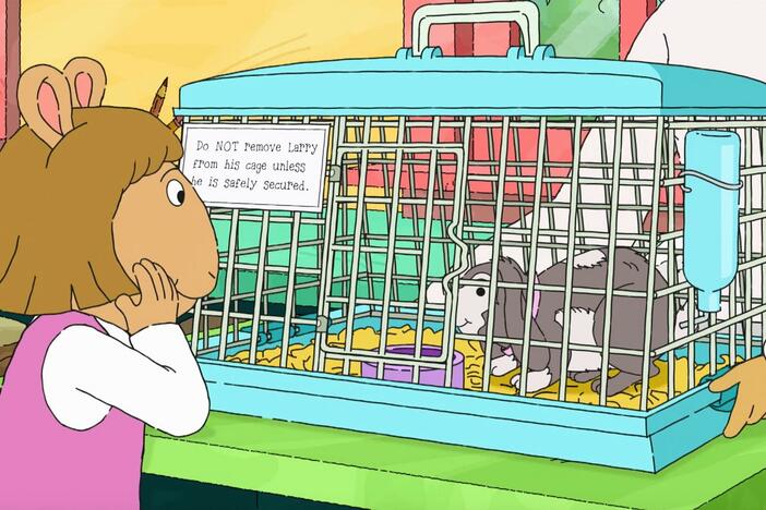 Arthur and Mrs. Read talk to D.W. about the responsibility of having a pet. 