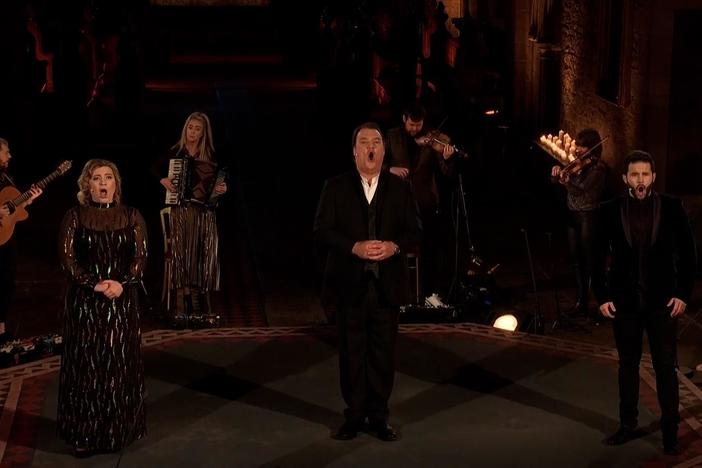 Watch Bryn Terfel and the Welsh folk group Calan perform highlights from their concert.