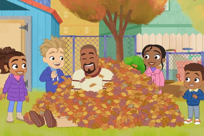 Alma and friends put all their leaves together to make one big pile to jump into.