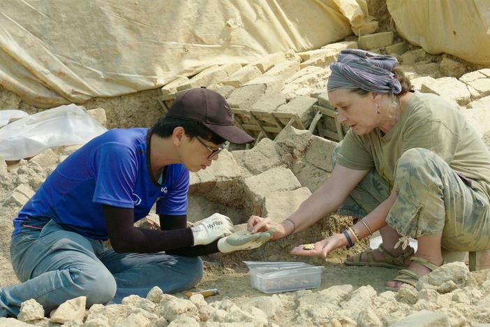 Archaeologists dig through layers of earth in search of evidence of pre-Angkorian habitation.