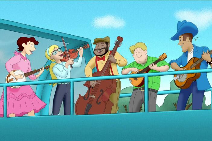 A five-piece bluegrass band play their instruments for MYH, George, Allie and the Renkins.