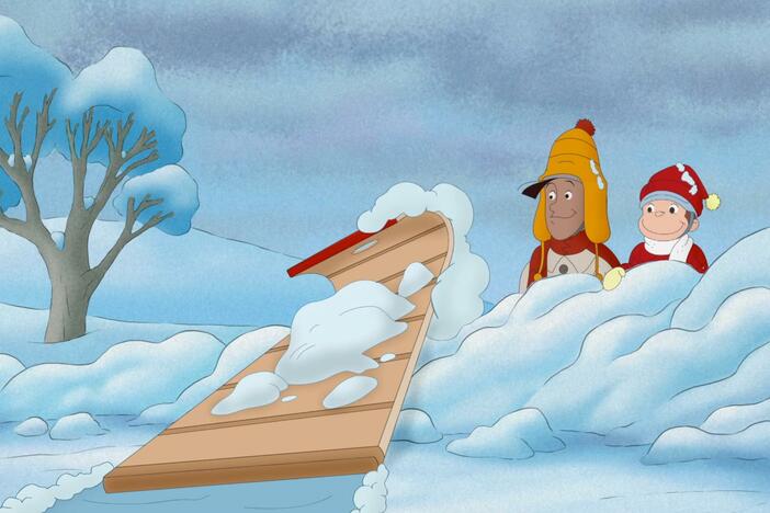 George and Billy ride on a toboggan to deliver newspapers.