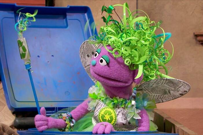 Redusa the Recycling Fairy visits Sesame Street and helps everyone recycle their old trash