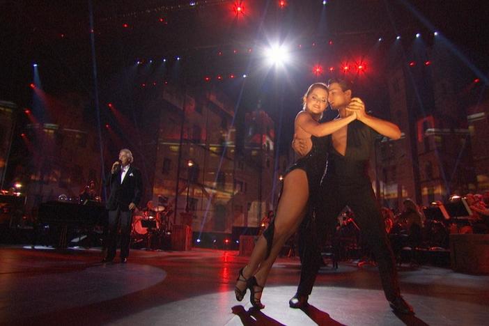 Tenor Andrea Bocelli sings and shares the stage with two tango dancers.