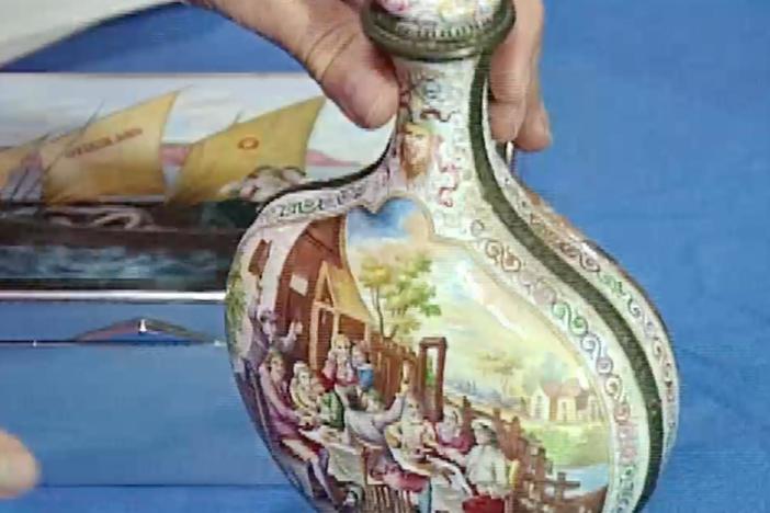 Appraisal: Austrian Cigar Box & Enamel Bottle