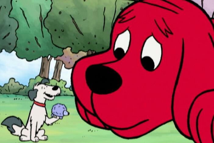 A visiting dog leads Clifford astray. / The kids' teacher has a new name - Mrs. Grumbly.