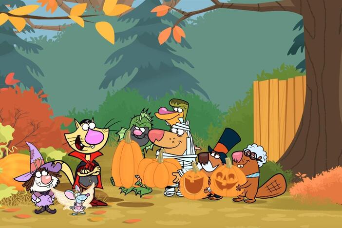 Nature Cat and the gang host a Halloween Pumpkin After Party. 
