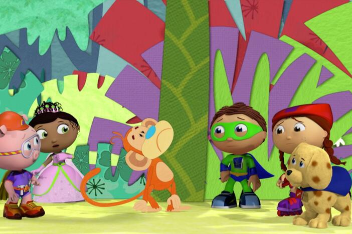 Super Why uses his reading power to help Monkey find his missing bananas.