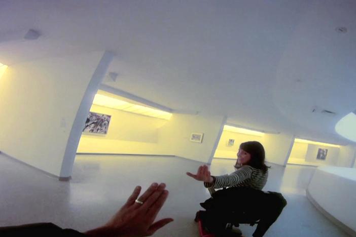 On their fourth date, Alice and Jason both ride scooters around the Guggenheim Museum.