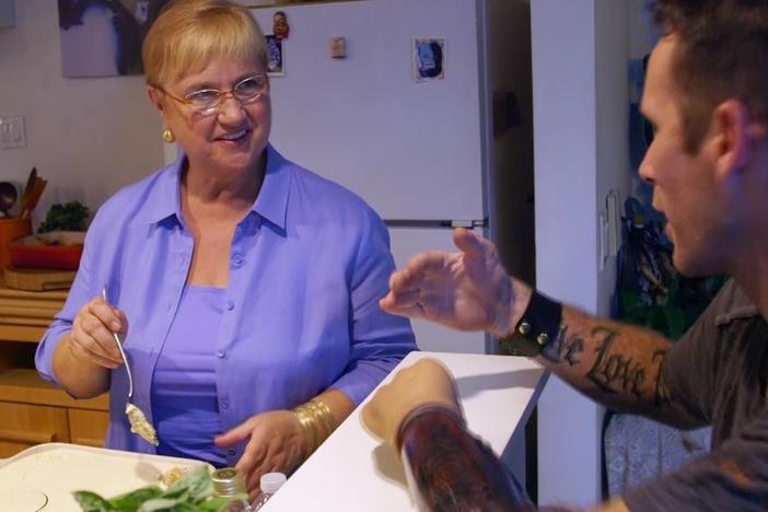 Lidia shares her dessert, Limoncello Tiramisu, with army veteran Bryan Anderson