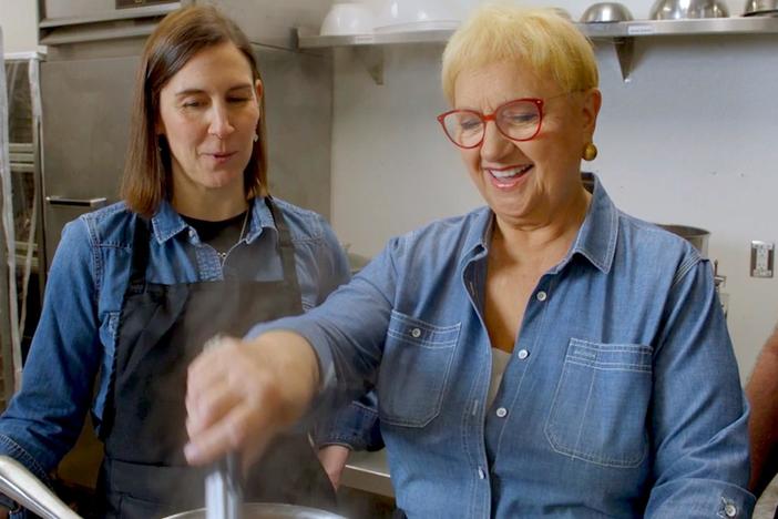Lidia visits the 3 Cricketeers' test kitchen to taste-test pasta made with cricket powder and pesto.