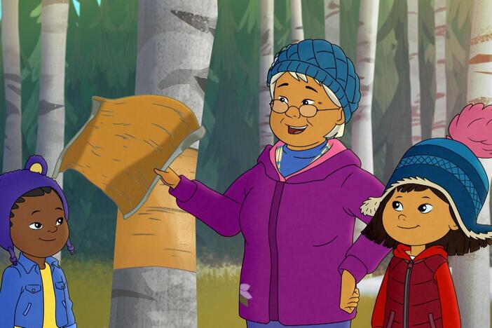 Molly and Trini learn to harvest birch bark from Midge and make a pamphlet about it.