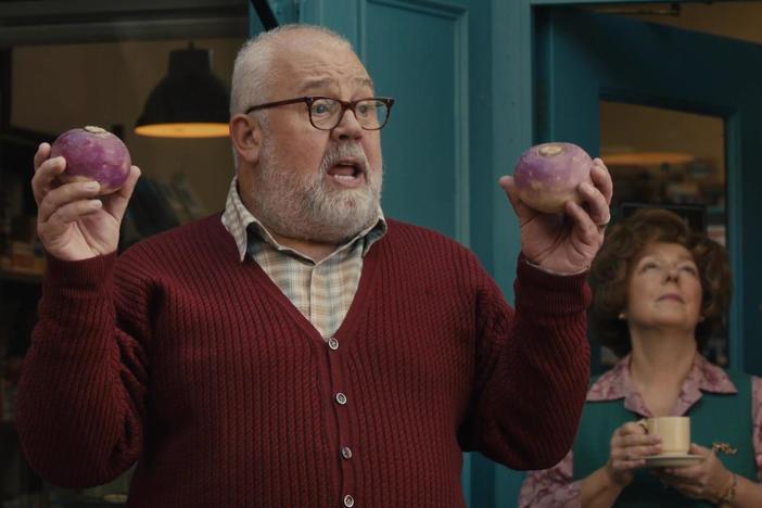 With an excess supply of turnips, Fred does his best to sell them.