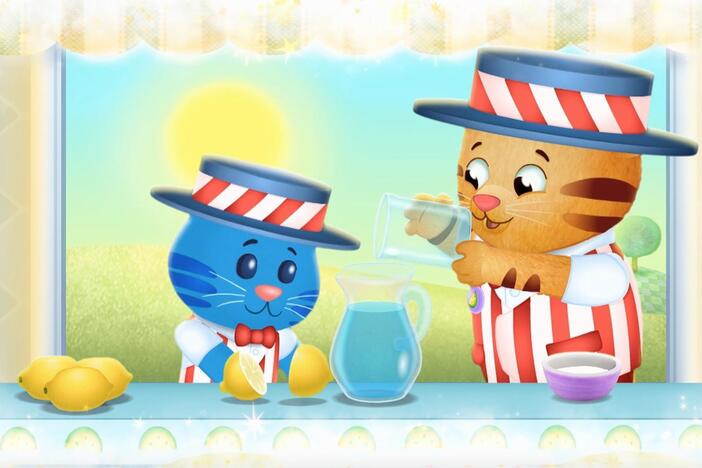 Daniel makes believe that he and Tigey have a real soda fountain and they sell lemonade.