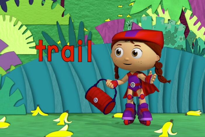 Wonder Red uses her rhyming power to clear the banana peels out of the way.
