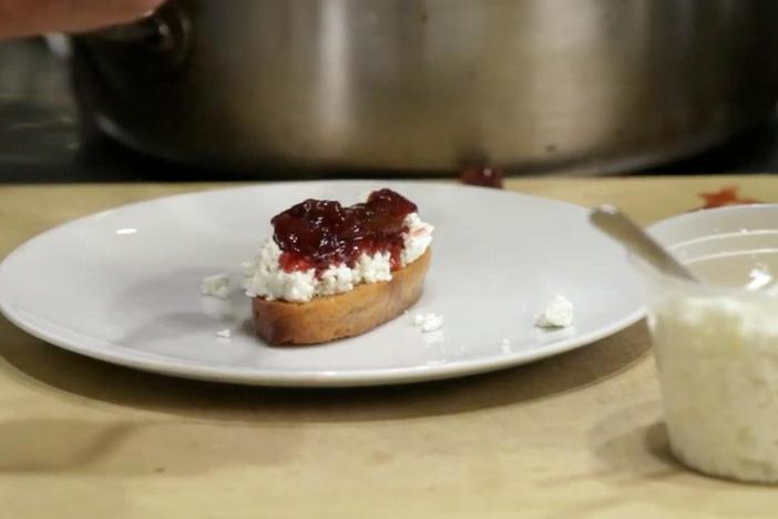 Vivian celebrates muscadines by creating a mulled muscadine and goat cheese appetizer.