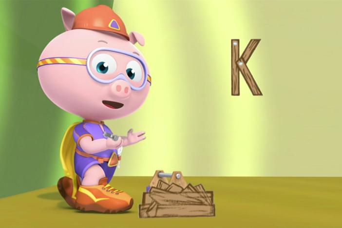 Alpha Pig uses his alphabet tools to find the White Rabbit. 