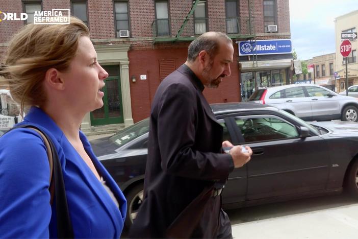 Father Khader El-Yateem and Kayla Santosuosso get the word out to vote in Brooklyn, NY.