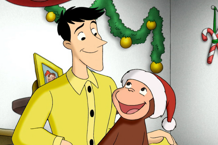 Curious George and The Man with the Yellow Hat can't decide what gift to give each other.