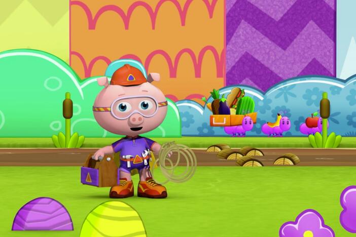 Alpha Pig uses his Lucky Letter Lasso to get across the muddy swamp.