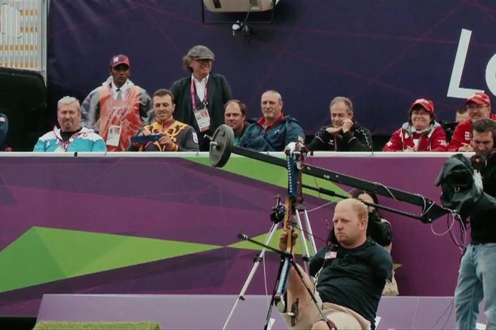 Athlete Matt Stutzman competes in archery at the London 2012 Paralympics.