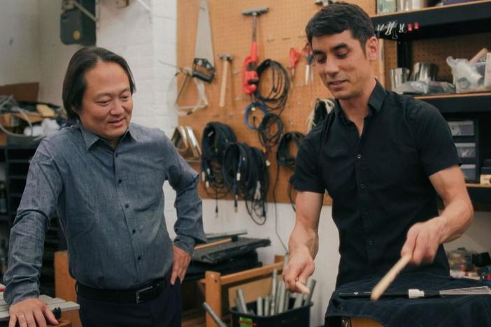 Andy Akiho and Scott Yoo play his piece for steelpan drum and violin.