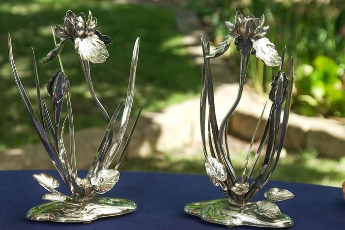 Appraisal: Japanese Silver Iris Candlesticks, ca. 1910