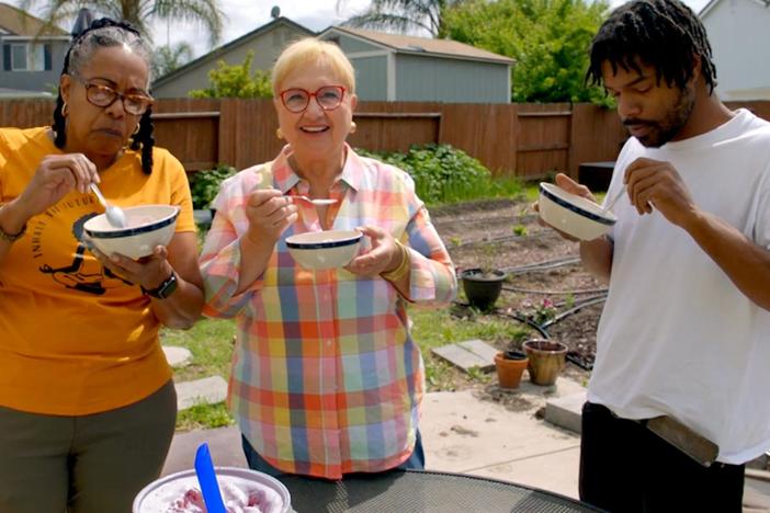 In Stockton, CA, Lidia makes homemade ice-cream with strawberries straight from the hothouse.