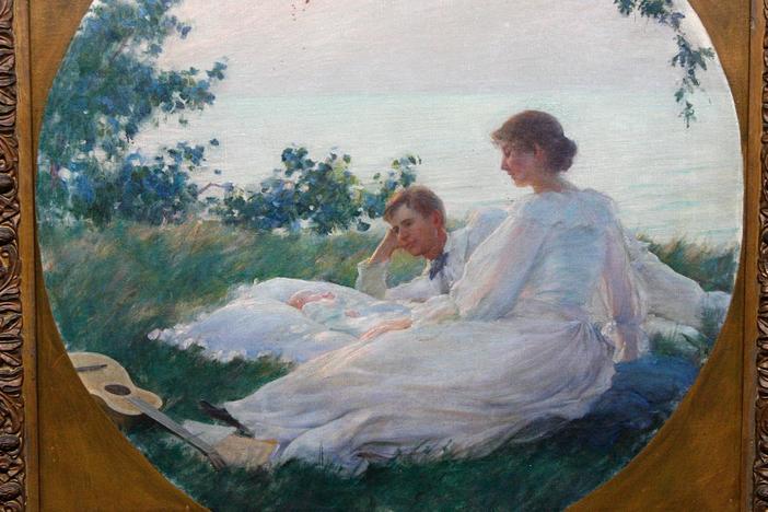 Nan Chisholm appraises a Charles Courtney Curran portrait in Hartford, Hr 3.