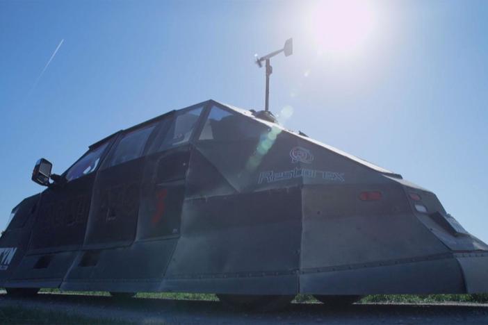 Meteorologists with a bizarre armored car fire a flying probe into the heart of a tornado.