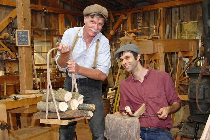 Elia Bizzarri shows Roy how to make a split oak firewood carrier. 