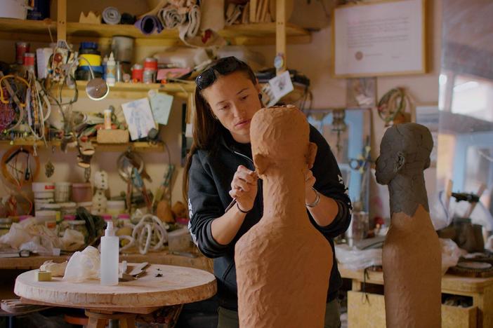Artist Rose B. Simpson working in her studio in Santa Clara Pueblo, NM.