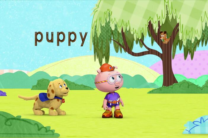 Pig helps the Super Readers find the missing puppy by spelling the word "puppy".
