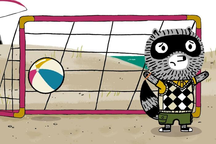 Sheldon can’t wait for Carl to play his favorite beach game./Lotta lost her blanket.